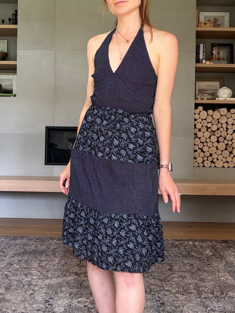 Vintage cotton Black Polka Dot  and floral Halter dress medium